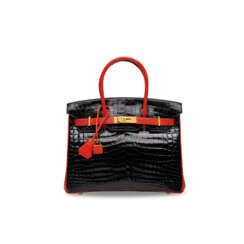 A CUSTOM SHINY BLACK & GÉRANIUM NILOTICUS CROCODILE BIRKIN 30 WITH GOLD HARDWARE