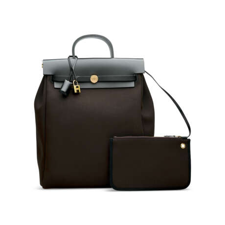 A CHOCOLAT CANVAS & BLACK VACHE HUNTER LEATHER HERBAG A DOS ZIP BACKPACK WITH GOLD HARDWARE - Foto 6