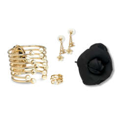 A SET OF FOUR: A DIORIFIC FAUX PEARL CUFF BANGLE, A DIORIFIC FAUX PEARL RING, A PAIR OF CHANEL FLORA EARRINGS & A BLACK CAMELIA BROOCH 