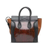 A SHINY BROWN PYTHON, ORANGE SUEDE & BLACK CALFSKIN LEATHER MINI LUGGAGE BAG WITH GOLD HARDWARE - фото 3