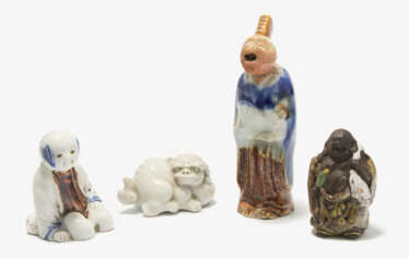 Lot: 3 Porzellan-Netsuke und 1 kleine Porzellanfigur