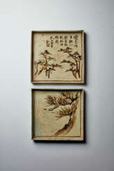 TWO SQUARE EARTHENWARE DISHES WITH PINE-TREE DESIGNS