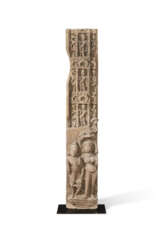 A BUFF SANDSTONE DOORJAMB WITH RIVER GODDESS AND ATTENDANT