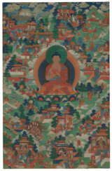 A PAINTING OF BUDDHA SHAKYAMUNI WITH JATAKA TALES