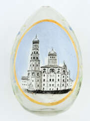 A LARGE RUSSIAN GLASS EASTER EGG SHOWING A CHURCH