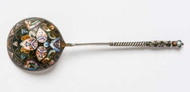 A MAGNIFICENT RUSSIAN SILVER SPOON WITH CLOISONNE ENAMEL