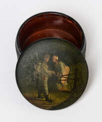 A RUSSIAN LACQUER BOX SHOWING A GOOD BYE SCENE
