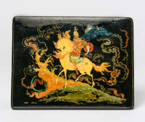 A RUSSIAN PALEKH LACQUER BOX SHOWING THE KNIGHT AT THE CROSSROADS