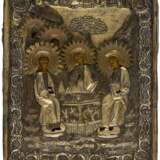 A RUSSIAN ICON WITH BRASS OKLAD SHOWING THE HOLY TRINITY (OLD TESTAMENT TYPE) - фото 1