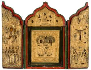 A RUSSIAN TRIPTYCH WITH FIRE GILDED SILVER OKLADS SHOWING THE HOLY TRINITY AND FEASTDAYS