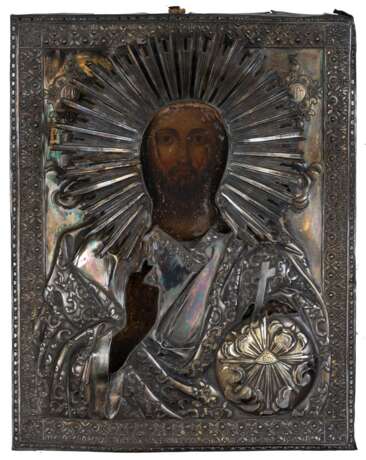A RUSSIAN ICON WITH SILVER OKLAD SHOWING CHRIST PANTOKRATOR - фото 1