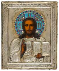 A RUSSIAN ICON WITH SILVER OKLAD AND CLOISONNE-ENAMEL SHOWING CHRIST PANTOCRATOR