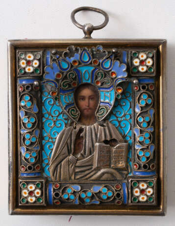 A RUSSIAN MINIATURE ICON ON METAL WITH SIVER OKLAD AND CLOISONNE ENAMEL SHOWING CHRIST PANTOKRATOR - photo 1