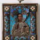 A RUSSIAN MINIATURE ICON ON METAL WITH SIVER OKLAD AND CLOISONNE ENAMEL SHOWING CHRIST PANTOKRATOR - фото 1