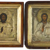 TWO RUSSIAN ICONS WITH BRASS OKLADS IN KIOTS SHOWING CHRIST PANTOKRATOR - фото 1