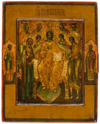 A FINE PAINTED RUSSIAN ICON SHOWING THE ENLARGED DEESIS