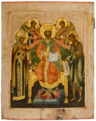 A VERY LARGE AND FINE PAINTED RUSSIAN ICON SHOWING THE ENLARGED DEESIS