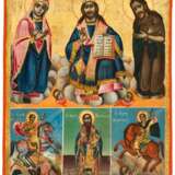 A LARGE GREEK ICON WITH DEDICATION SHOWING THE DEESIS, ST. GEORGE, ST. BASIL THE GREAT AND ST. DEMETRIUS - фото 1
