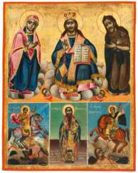 A LARGE GREEK ICON WITH DEDICATION SHOWING THE DEESIS, ST. GEORGE, ST. BASIL THE GREAT AND ST. DEMETRIUS