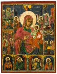 A LARGE GREEK ICON SHOWING THE MOTHER OF GOD PORTAITISSA, FEASTS OF THE CHURCH YEAR AND SAINTS