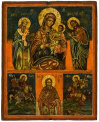 A LARGE GREEK ICON SHOWING THE MOTHER OF GOD PORTAITISSA AND SAINTS