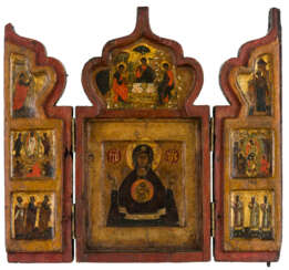 A RARE RUSSIAN TRIPTYCH SHOWING THE MOTHER OF GOD ZNAMENIE, FEASTDAYS AND SAINTS