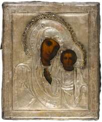 A RUSSIAN ICON WITH SILVER OKLAD SHOWING THE MOTHER OF GOD KAZANSKAYA