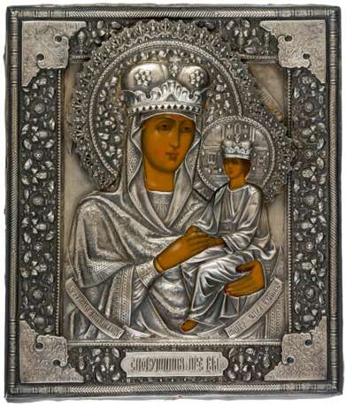 A RUSSIAN ICON WITH SILVER OKLAD SHOWING THE MOTHER OF GOD 'THE SURETY OF SINNERS' - photo 1