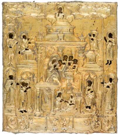 A RUSSIAN ICON WITH FIREGILDED SILVER OKLAD SHOWING THE NATIVITY OF THE MOTHER OF GOD - фото 1