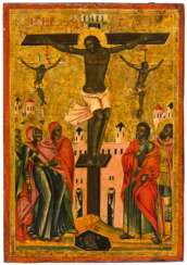 A RARE GREEK ICON SHOWING THE CRUCIFIXION OF CHRIST WITH THE TWO THIEVES