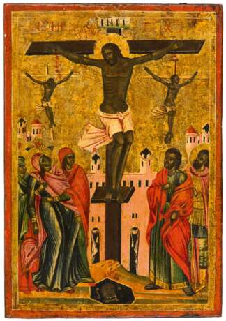 A RARE GREEK ICON SHOWING THE CRUCIFIXION OF CHRIST WITH THE TWO THIEVES - photo 1