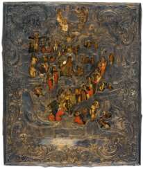 A LARGE RUSSIAN ICON WITH GILDED SILVEROKLAD SHOWING THE DESCENT OF CHRIST INTO HELL AND THE RESURRECTION (ANASTASIS)