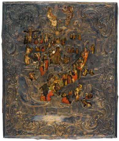 A LARGE RUSSIAN ICON WITH GILDED SILVEROKLAD SHOWING THE DESCENT OF CHRIST INTO HELL AND THE RESURRECTION (ANASTASIS) - фото 1