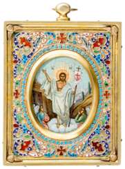 A FINE AND SMALL RUSSIAN ICON WITH SILVER OKLAD AND CLOISONNE-ENAMEL