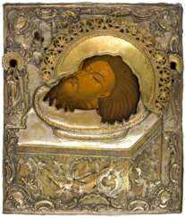 A FINE-PAINTED RUSSIAN ICON WITH BRASS OKLAD SHOWING THE HEAD OF ST. JOHN THE BAPTIST