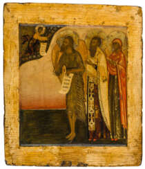 A RUSSIAN ICON SHOWING ST. JOHN THE BAPTIST AND 2 SAINTS IN FRONT OF CHRIST