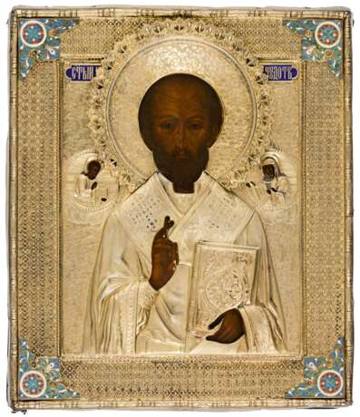 A RUSSIAN ICON WITH GILDED SILVER OKLAD AND CLOISONNE-ENAMEL SHOWING ST. NICHOLAS - photo 1