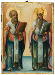 A FINE-PAINTED BALKAN ICON SHOWING ST. NICHOLAS AND ST. SPYRIDON