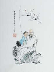 Mann mit Kind beim Angeln'' China