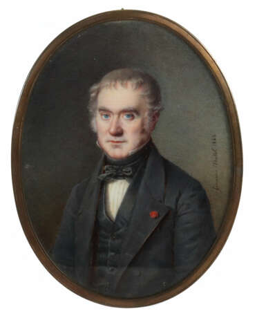 Mutel, Herminie Luise 1811 - 1881, ''Herrenportrait'', Darstellung des Mannes im Halbprofil mit weißem Hemd, blauer Weste und Jacke, mit seinem Blick den Betrachter anvisierend, rechts sign - photo 1