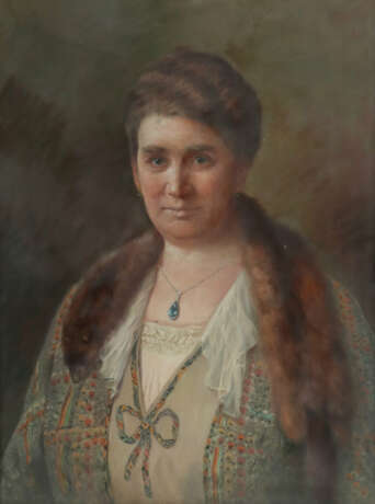 Knobloch, Gertrud ''Dame mit Fuchsstola'', en face-Darstellung einer Frau in Kleid und Mantel, mit ihrem Blick den Betrachter anvisierend, vor neutralem Hintergrund, oben rechts sign - Foto 1