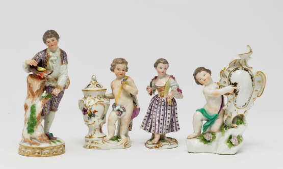 Zwei Amoretten mit Rocaillekartusche bzw. Vase, Schnitterin und Kavalier mit Vogelnest - Meissen, 18./19. Jh. - Foto 1