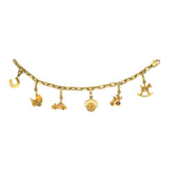 CARTIER CHARM BRACELET; TOGETHER WITH A GOLD AND DIAMOND CHARM