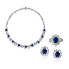 SAPPHIRE AND DIAMOND NECKLACE, RING AND EARRING SET