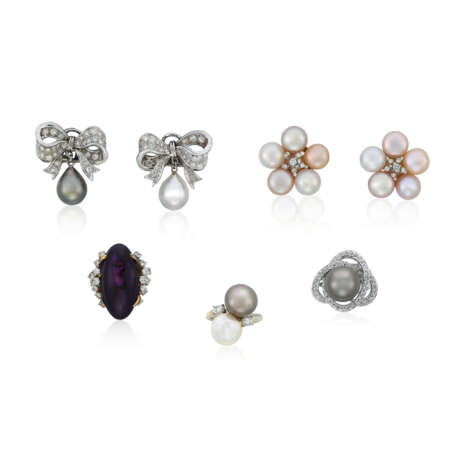 GROUP OF CULTURED PEARL AND DIAMOND JEWELLERY; TOGETHER WITH AN AMETHYST AND DIAMOND RING - фото 1
