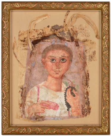 AN EGYPTIAN PAINTED LINEN MUMMY SHROUD WITH A PORTRAIT OF A YOUTH - фото 1