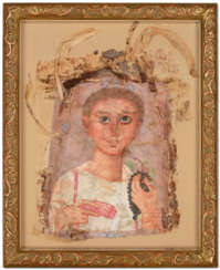 AN EGYPTIAN PAINTED LINEN MUMMY SHROUD WITH A PORTRAIT OF A YOUTH