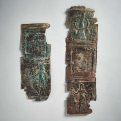 TWO NORTHWEST IRANIAN BRONZE QUIVER COVER FRAGMENTS