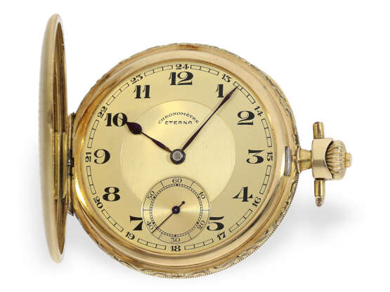 Taschenuhr: Attraktive Art déco Goldsavonnette mit Nadelstreifen-Dekor, Chronometre Eterna, ca.1930 - Foto 1
