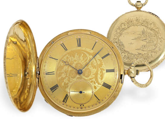 Flache 18K Taschenuhr, Goldsavonnette mit sehr schöner Gehäusegravur, Motta Geneve um 1840 - photo 1